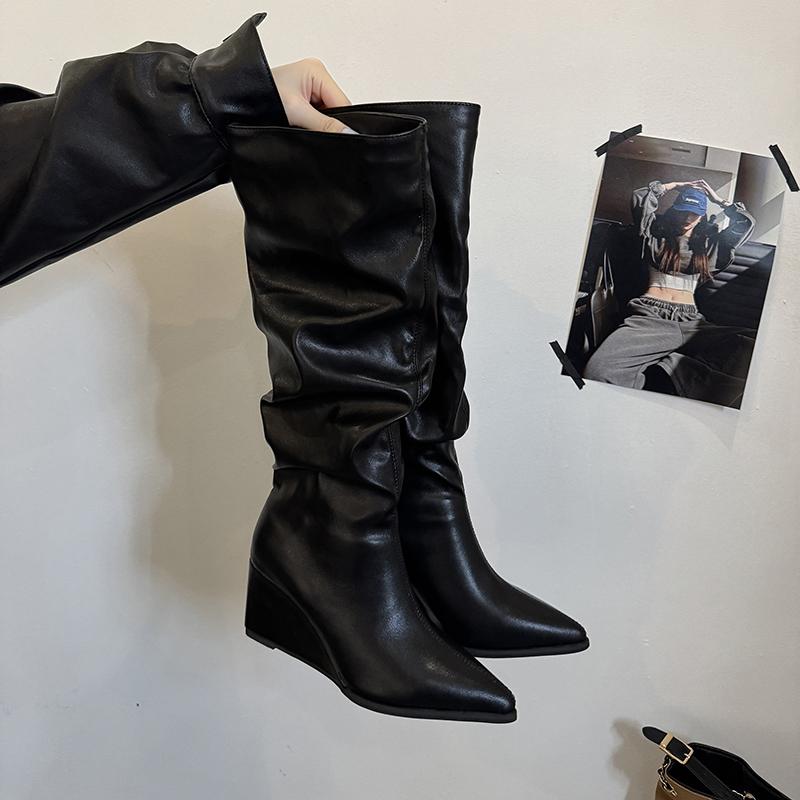 

Винтажные женские плиссированные высокие сапоги с острым носком, лакированные туфли на танкетке и высоком каблуке для вечеринки, осень-зима, женские длинные ботильоны 35