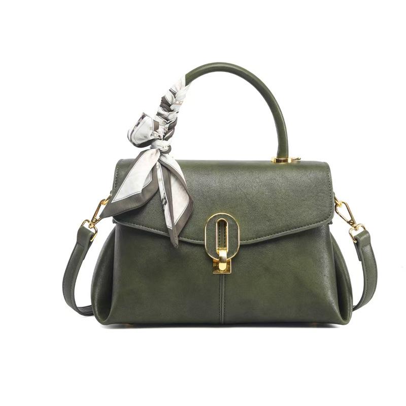Retro Olive Green Genuine Leather Crossbody Bag with Scarf