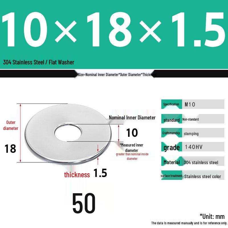 304 Stainless Steel Thickened Flat Washer Set, Sizes 2-36