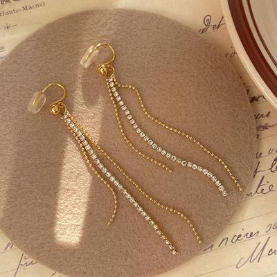 Classic Shiny Rhinestone Ear Clips Female Long Chain Tassels Non Pierced Earrings Painless Elegant Crystal Jewelry
