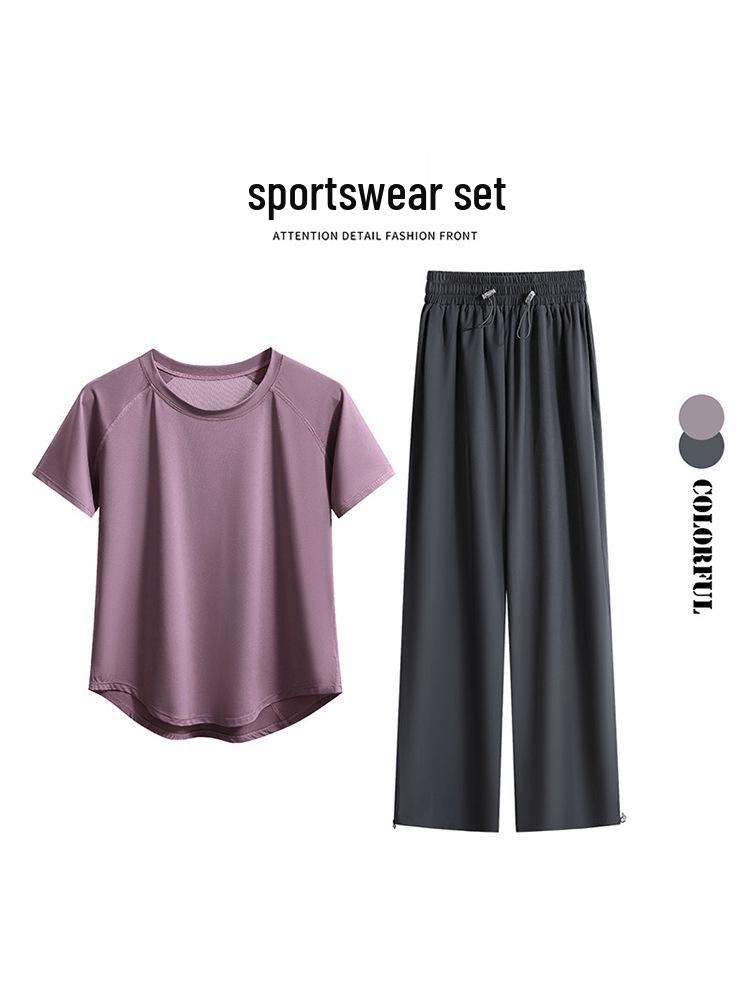 Plus Size Women's Yoga Short Sleeve & Long Pants Set - Summer Outdoor Running Quick-Dry Loose Sportswear