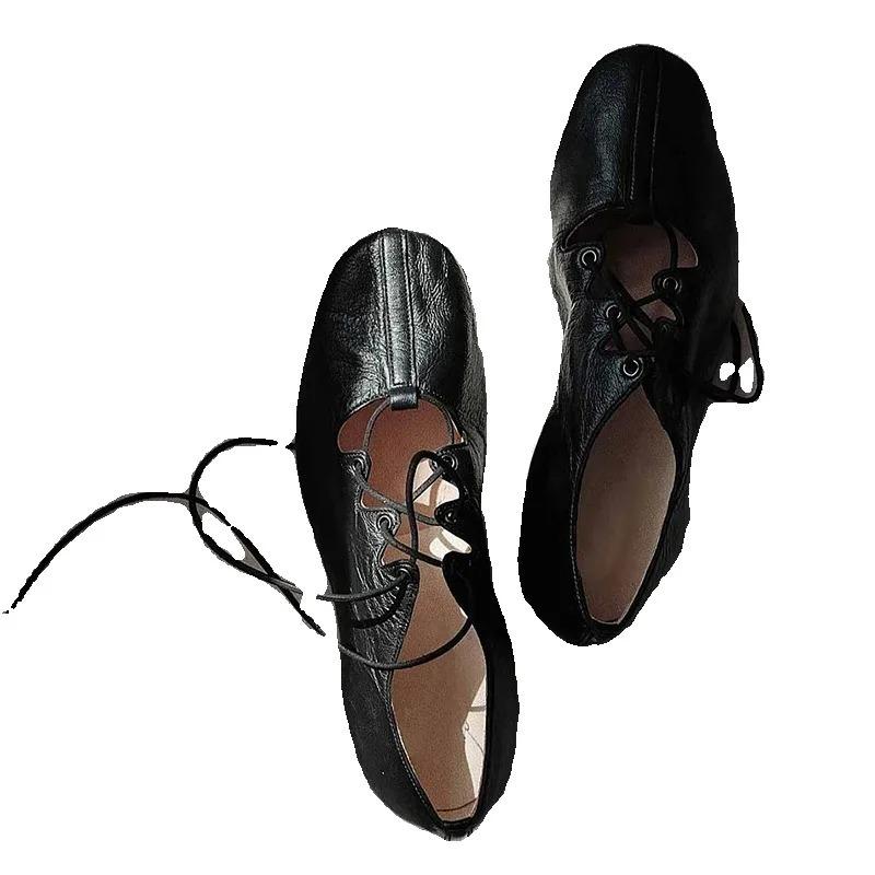 Fashion Leather Women's Shoes Round Toe Female Footwear Low Heels Shallow Mouth Ballet Flats Oxfords Genuine Leather Dress Retro