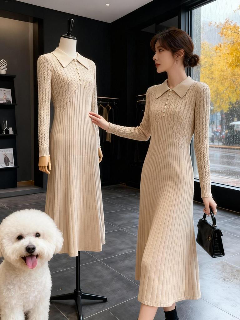 2025 Slimming A-line Sweater Dress: Autumn/Winter Long Sleeve Warm Knitted Waist-cinching Outfit