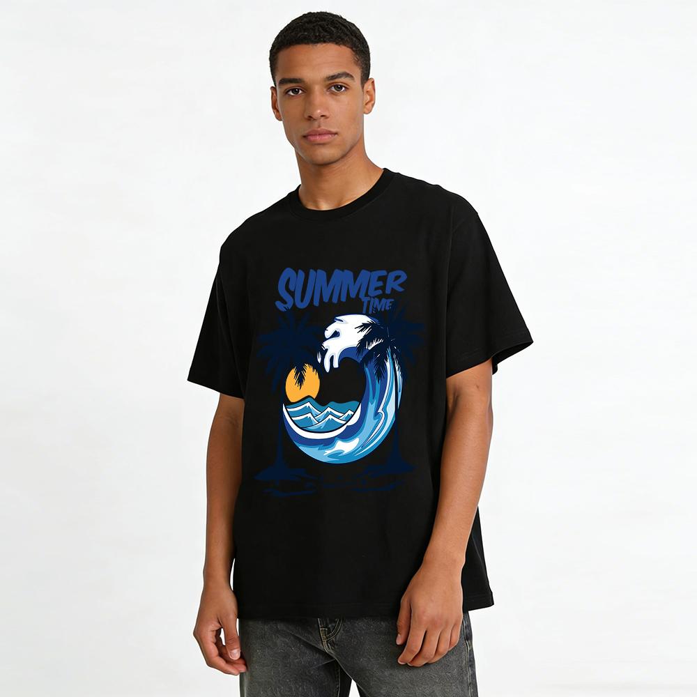 Summer Time Wave Coconut Tree Print Casual Short Sleeve T-Shirt Pure Cotton T-shirt