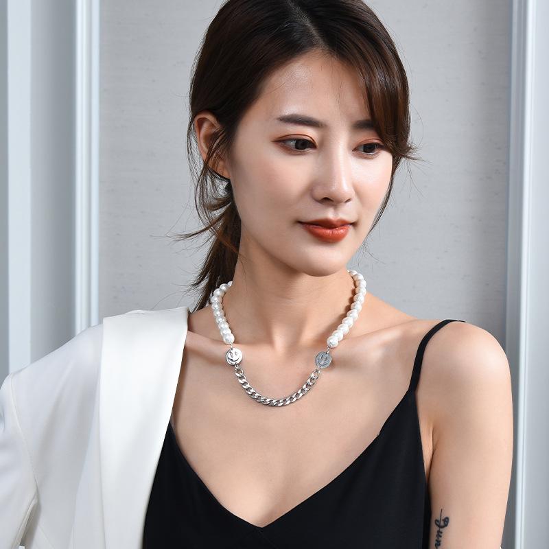 Titanium Double Steel Smiley Face Pearl Necklace Unisex Trendy Jewelry For Fall Winter Wear