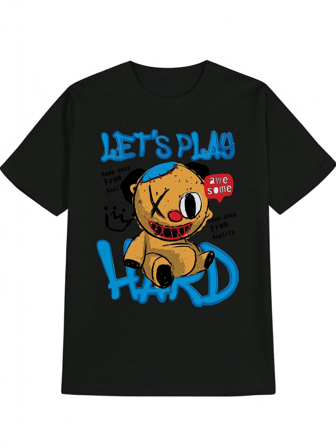 

Casual Graphic T-shirt with Cartoon Bear & LET s PLAY IT HARD Graffiti Print - Black Round Neck Summer Tee XXXXL