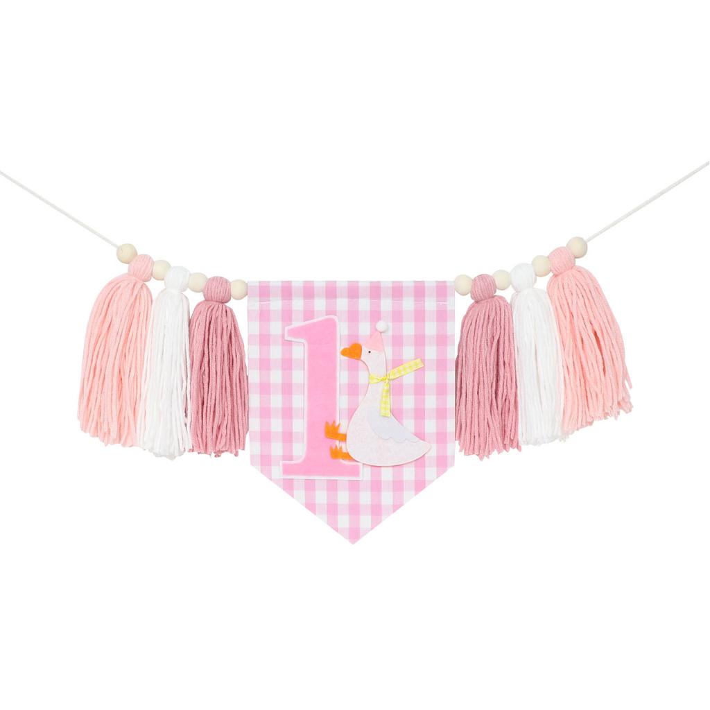 1st Birthday Highchair Banner Goose Theme Blue Ginghams Tassel Banner Hat Photo Prop for Boy Girls Birthday Party Decorations