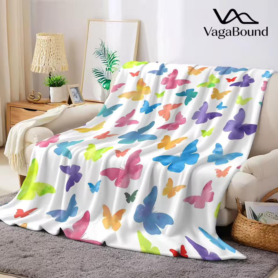 rainbow watercolor butterfly Flannel Blanket Warm Soft Halloween Christmas Decorative Couch Warm Cozy All-Season Gift