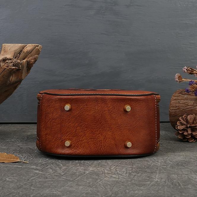 Small Round Bag High Quality Genuine Leather Bag for Women New Women's Handbag Leather Bag Shoulder Bag Literary and Ethnic Style Messenger Bag
