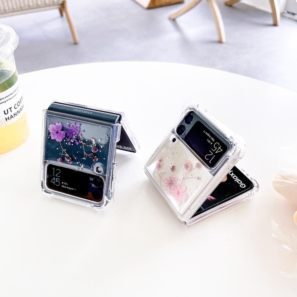 For Samsung Galaxy Z Flip 4 3 Flip4 Case Transparent Glitter Real Flower Clear Shockproof Protective Hard Back Cover Accessories