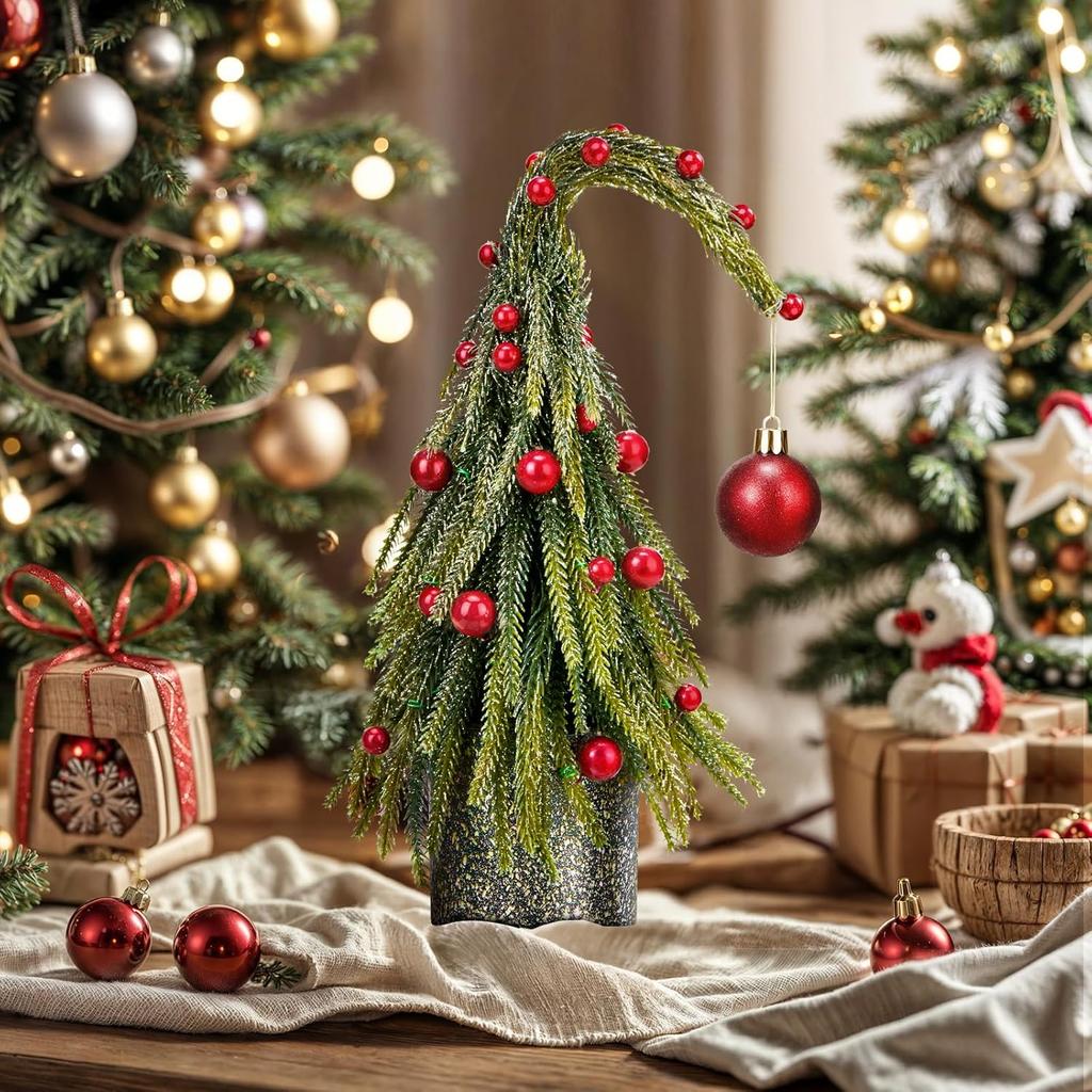 12 Inch Curved Christmas Tree with Red Balls, Mini Artificial Xmas Tree for Tabletop Holiday Decor