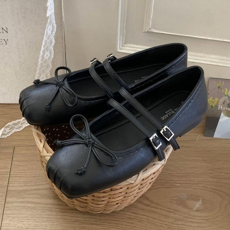 Retro Suede Square Toe Ballet Flats Women Fashion French Style Bow Belt Buckle Mary Jane Shoes Comfort Soft Sole Ballerinas Shoe