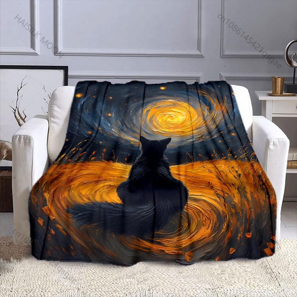 1PC Black Cat Gazes At Vortex Print Adult Children Warm Blankets Home Travel Car Soft and Comfortable Suitable for All Seasons