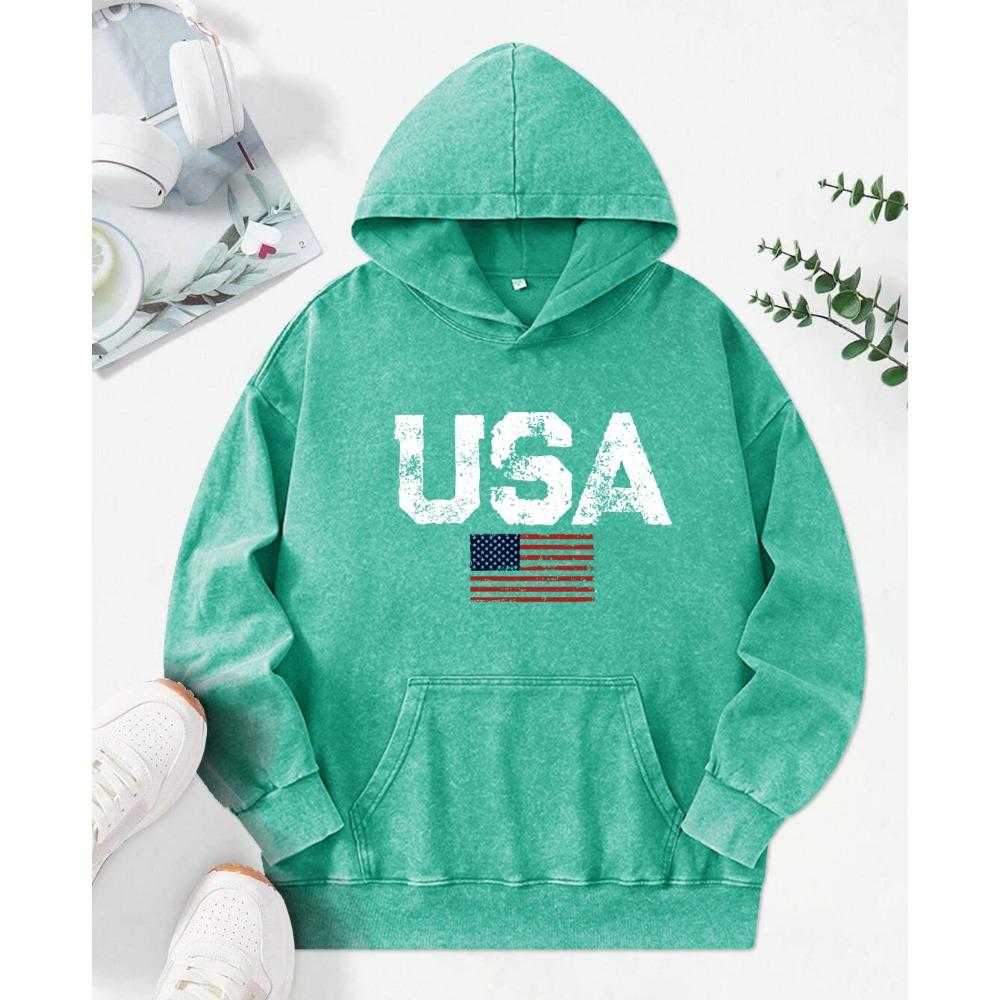 Retro USA Potisk Písmen Prané Mikiny Módní Kapsa Mikina Ležérní Bavlněné Pulovry Oversized Dámské Dámské Oblečení