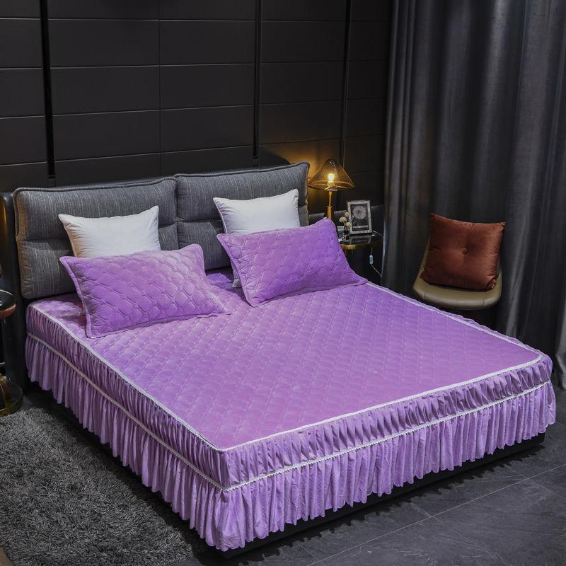 3pcs/set Crystal Velvet Bed Skirt Thick Non-slip Bedspread Flannel Simmons Protective Cover