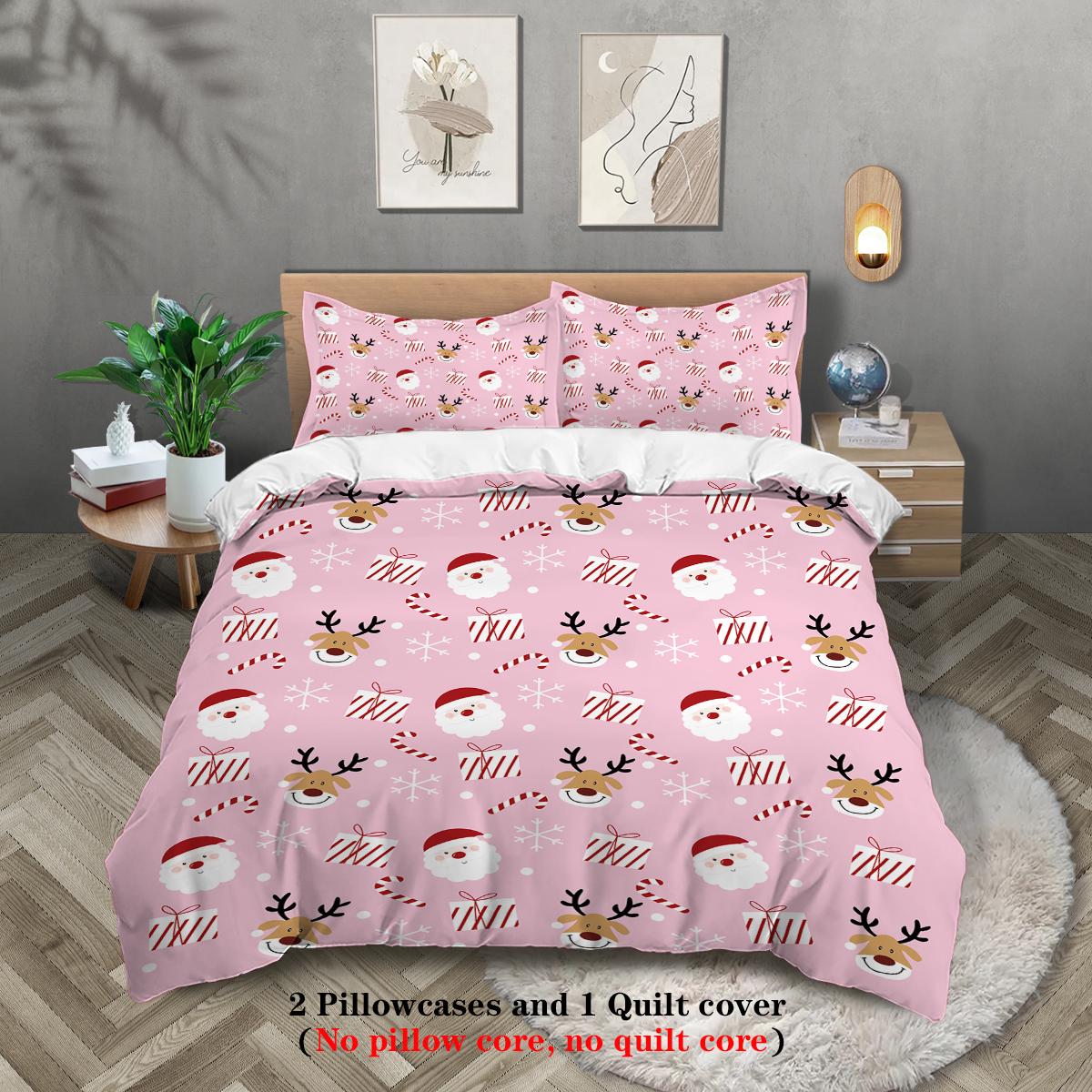 

3-piece Christmas themed pink Santa Claus print (1 duvet cover+2 pillowcases, no core) soft and comfortable bedding set 135x200cm-EU-Single