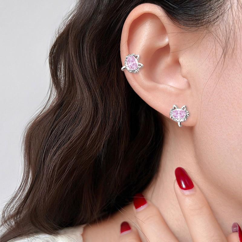 Sweet Pink Diamond Cat Ear Cuff for Non-Pierced Ears - Stylish, Hollow Kitten Design