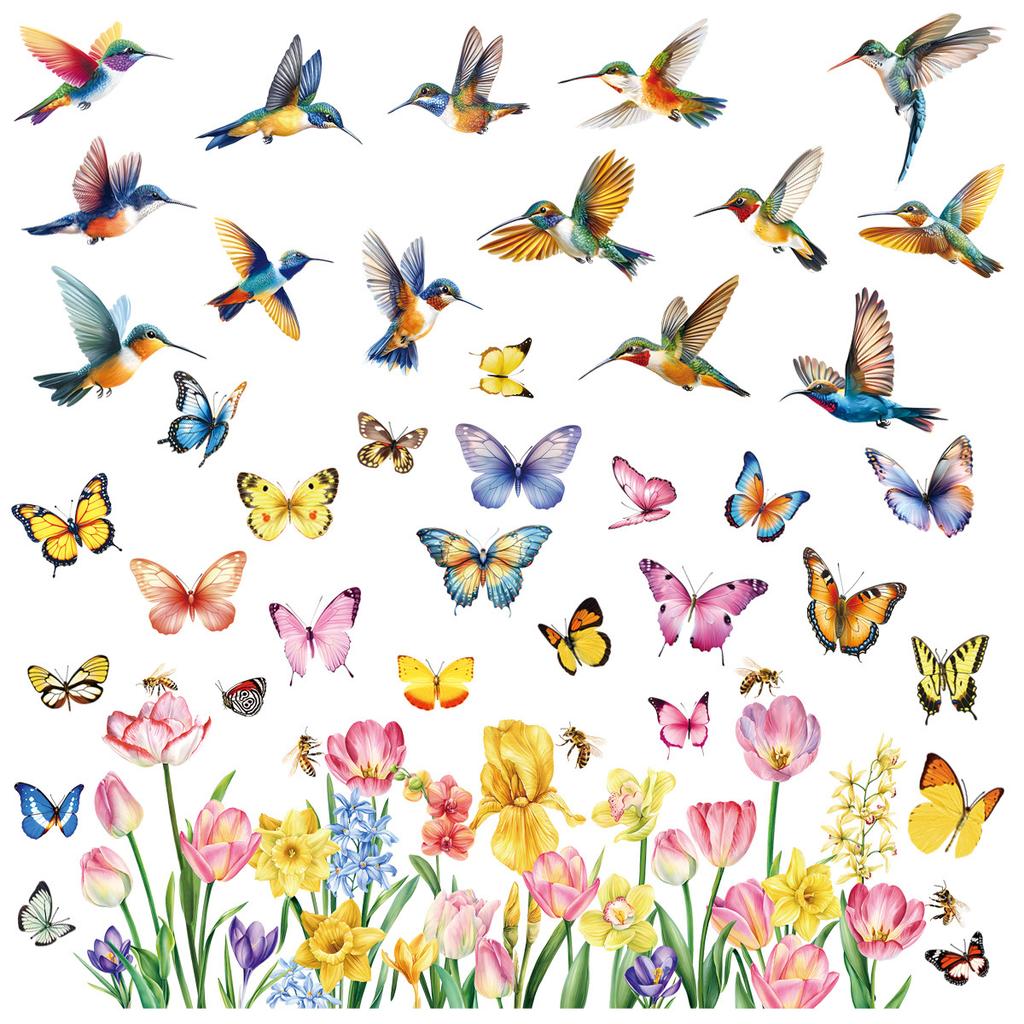 Spring Butterfly Tulips Flower Bird Static Cling Window Stickers for Bedroom Living Room Home Decoration
