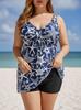 Plus Size Blue Tankini Swim Skirt with Drawstring and Printed Briefs  
