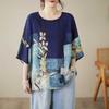 Summer Cotton Linen Blouse Ethnic Style Bat Sleeve Loose Large Size Women's Round Neck T-shirt