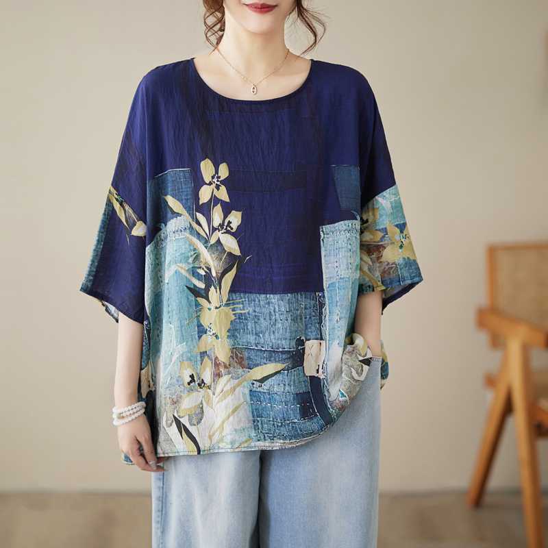 Summer Cotton Linen Blouse Ethnic Style Bat Sleeve Loose Large Size Women's Round Neck T-shirt