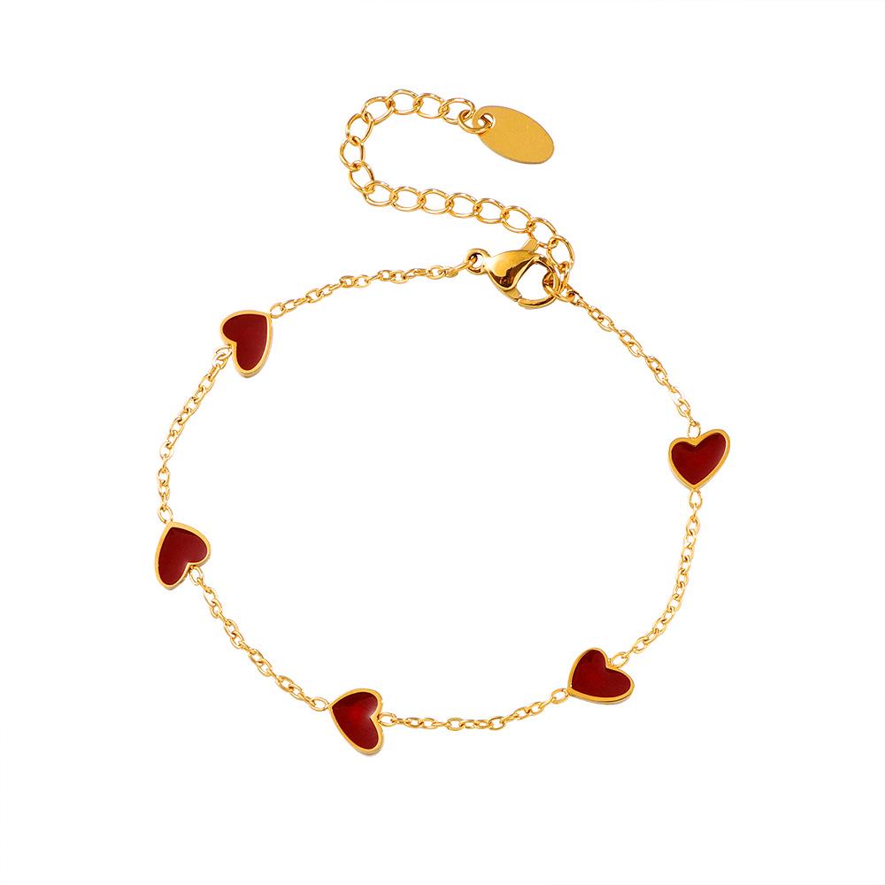Women's 18K Gold-Plated Wine Red Heart Bracelet, Titanium Steel, French Design