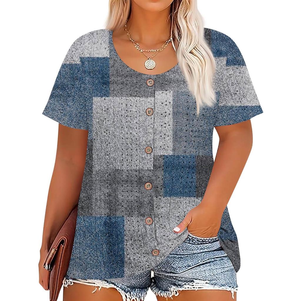 Übergröße Damenmode Lässig Vintage Bedruckt O-Ausschnitt Kurzarm Knopf T-Shirt Top