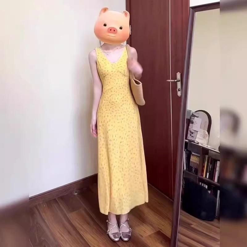French-style Yellow Spaghetti Strap Floral Dress for Women, New Summer Petite Seaside Vacation Long Dress