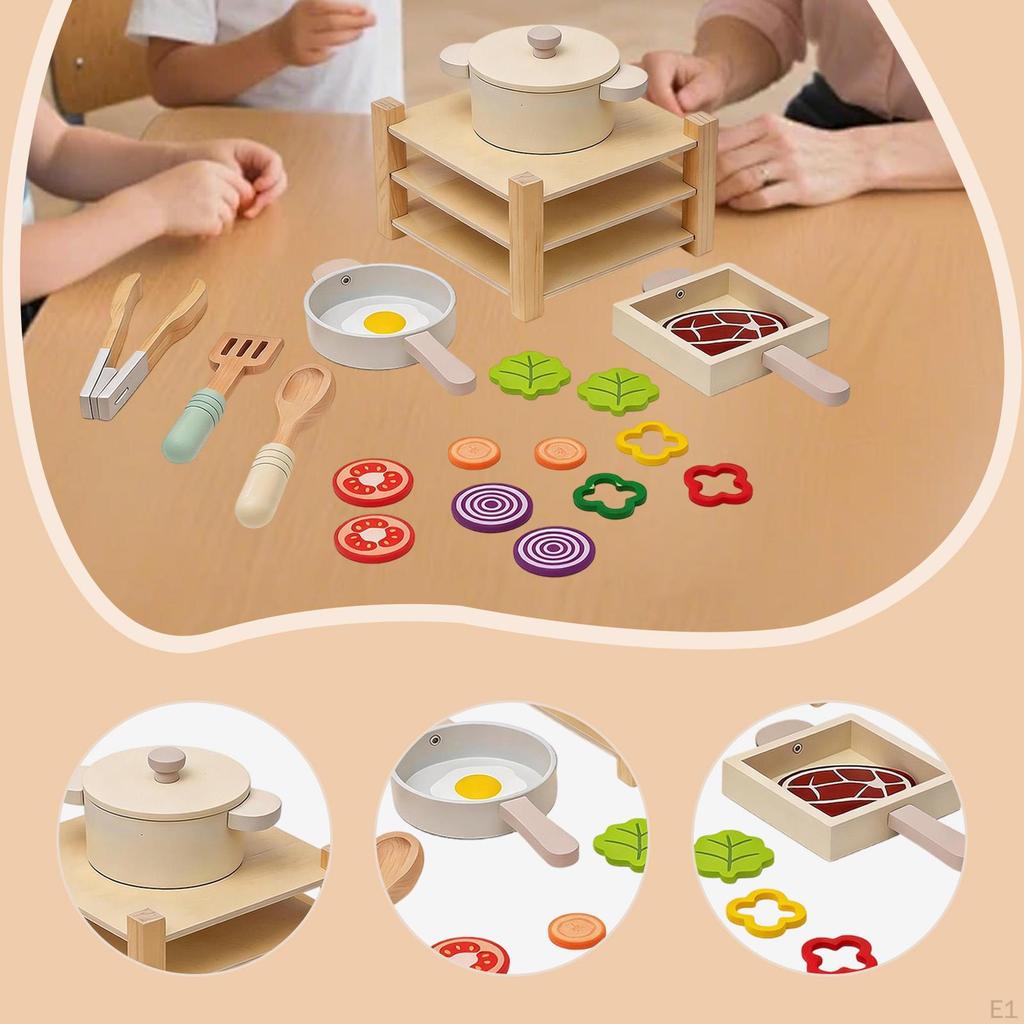Wooden Play Kitchen Accessory Pretend Cookware Set Realistic Toy Cooking Utensils