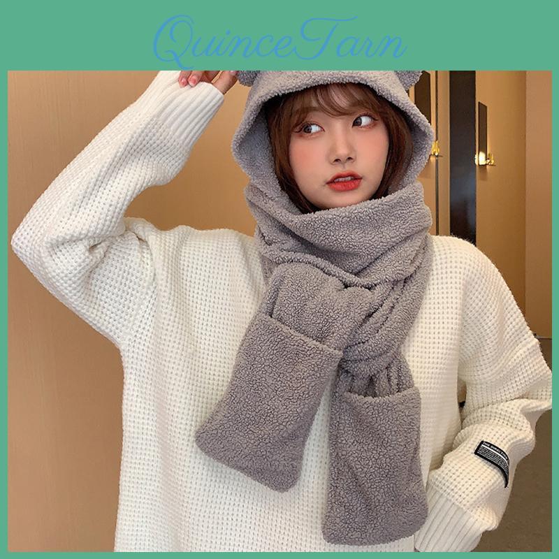 Cute Scarf Ear Bear Hat Gloves 3in1 Winter Warm Cap Women Windproof Plush Hat
