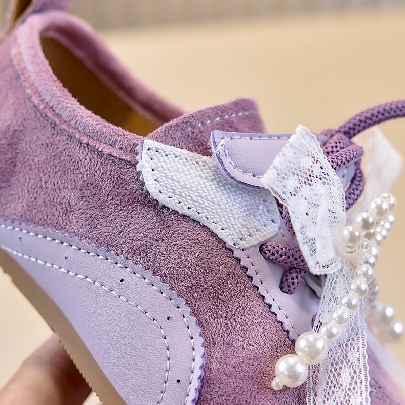 2025 Autumn Korean Retro Casual Shoes for Kids with Bow, Pearl, and Lace-up Design