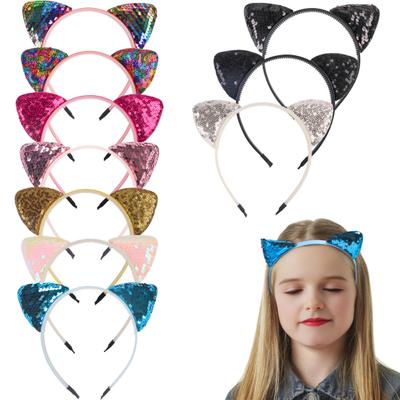 Girl Headband Sparkling Sequins Three-Dimensional Cat Ear Shape Painless Wearing Arc Hair Hoop Kids Daily Party Hair Accessory