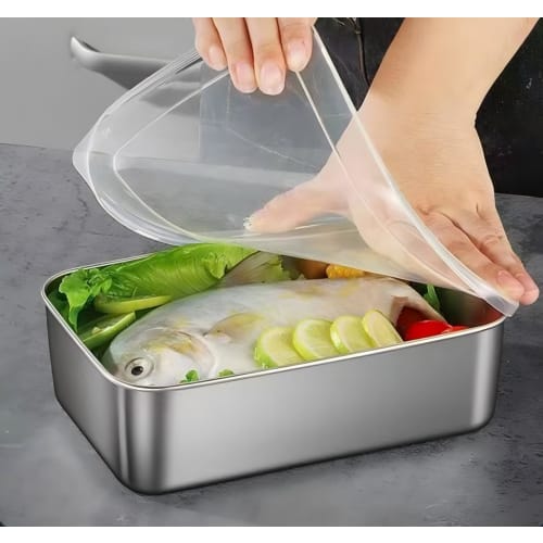 CHFNJJ 3-delars förvaringsbehållarset i rostfritt stål med lock, djup rostfri bricka, köksförvaringsbehållare för mat, kylsäkra kokkärl