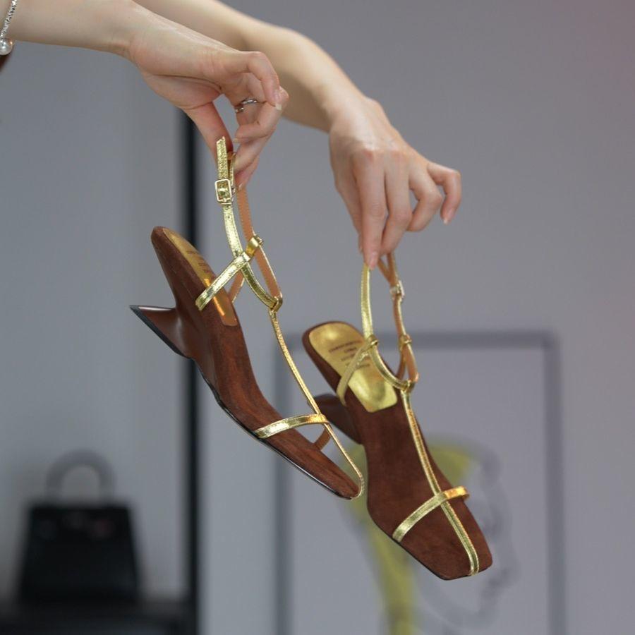 2025 summer new French temperament versatile square head cross with niche simple wedge heel high heel gold sandals women