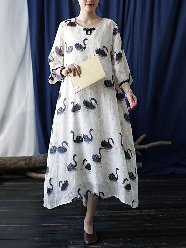 

Johnature женские винтажные летние повседневные платья с семью рукавами, свободная одежда, женское платье