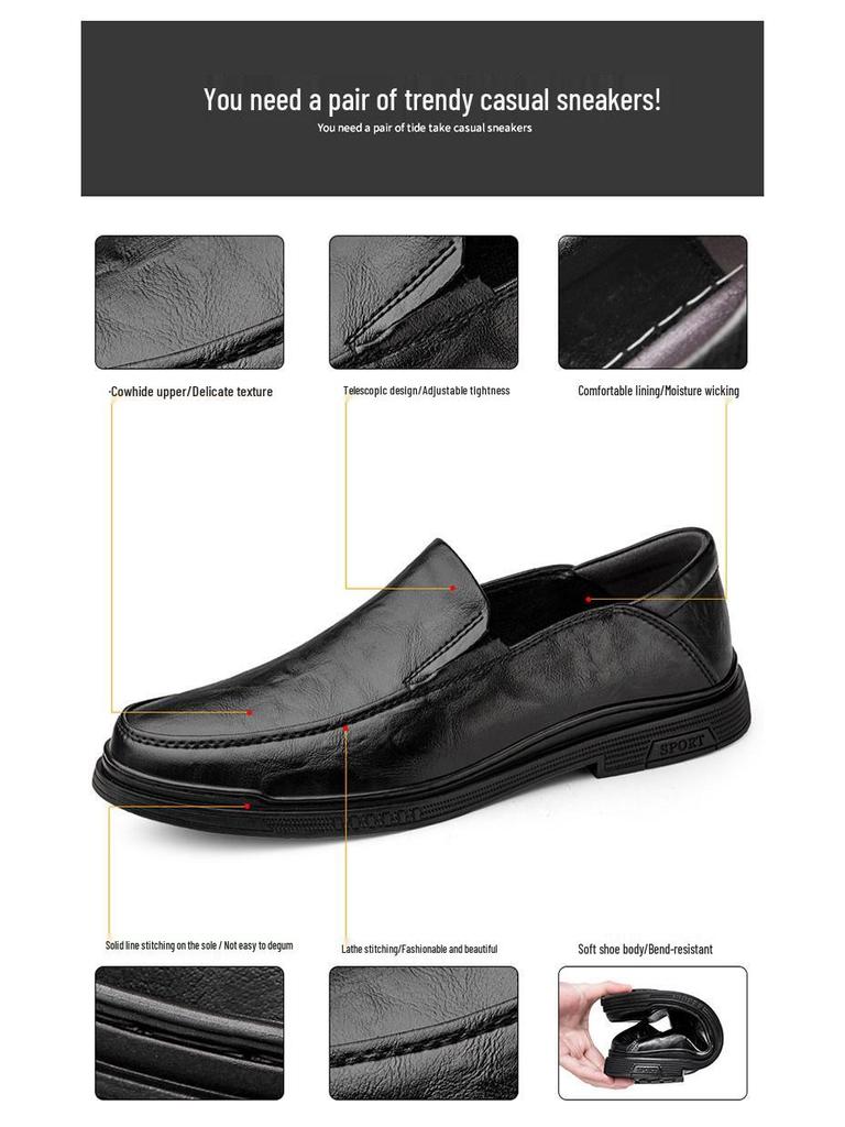 Men's 2025 New Genuine Leather Slip-On Casual Black Shoes - Breathable and Business-Ready