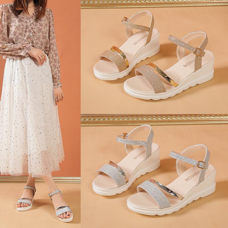 

Soft leather sandals women s open-toed wedges women s summer thick mid-heel fashion soft-soled women s sandals 40 срібний