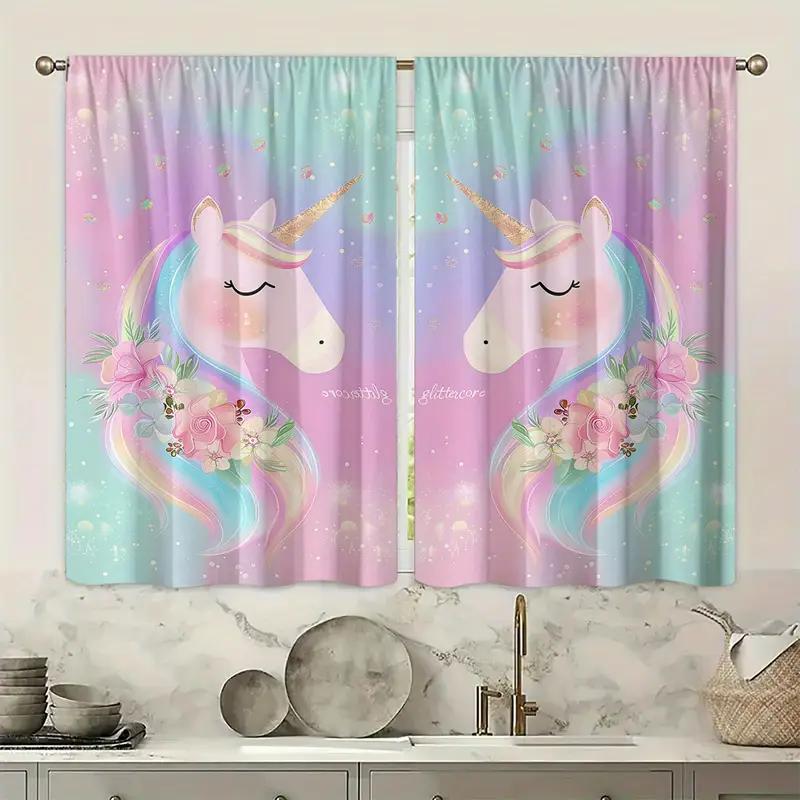 2PCS Pink Green Unicorn Curtain with Pole Bag Design   Protecting Privacy   Suitable for Various Decorative Scenes