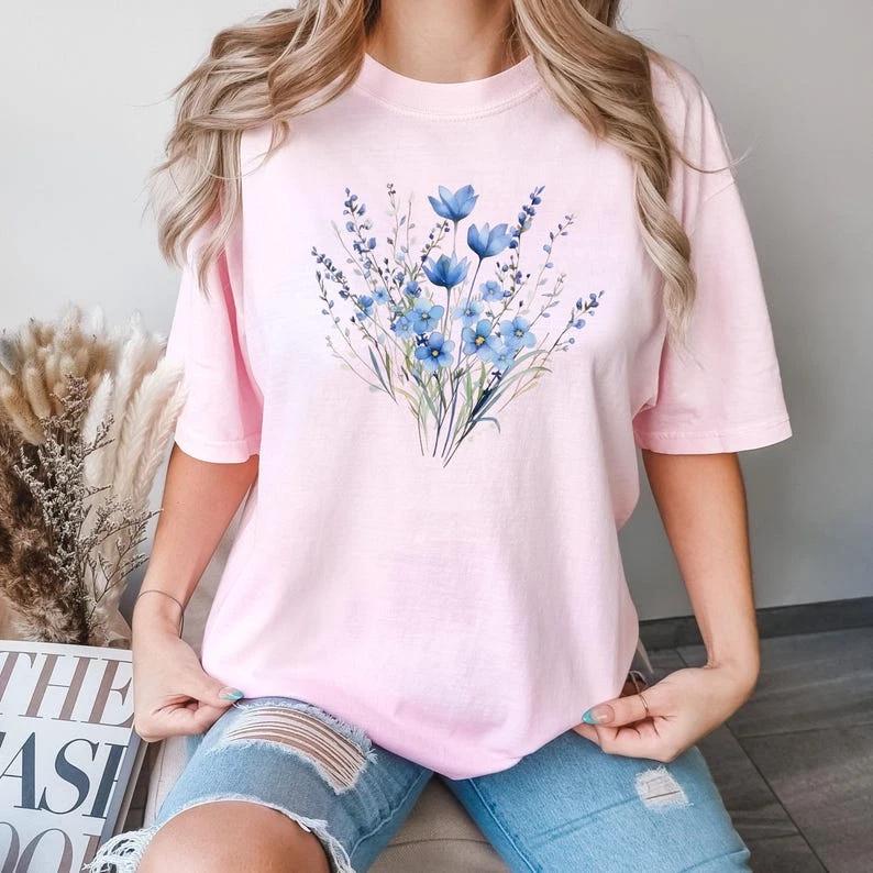 Comfort Colors Blue Flower Bouquet Shirt, Flower Lover Shirt. M
