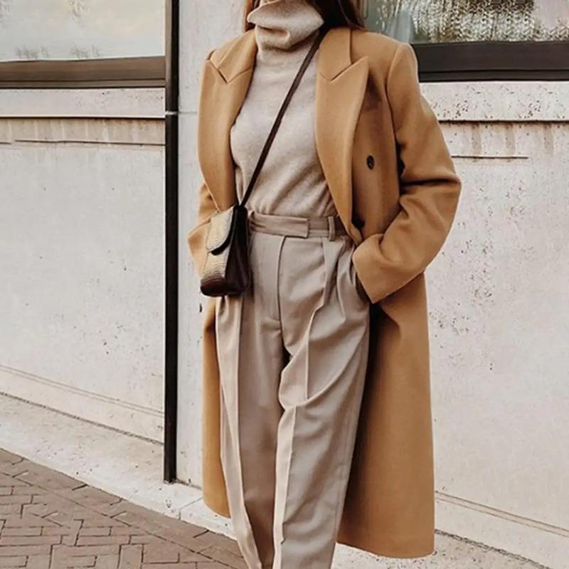 Autumn and winter new women's clothing long-sleeved lapel solid color double-breasted slim-fit coat coat