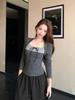 260g Cotton Modal Square Neck Lace-Up Long Sleeve Slimming Two-Piece Top