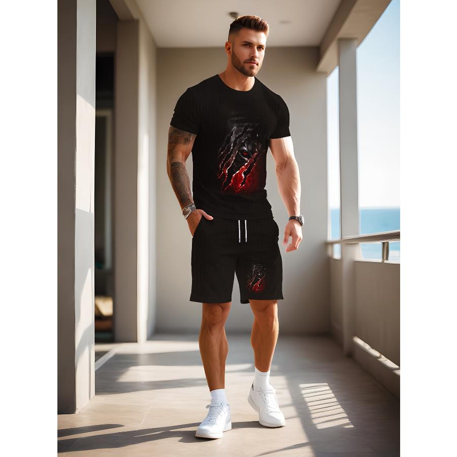 T-shirt da Uomo Manica Corta Pantaloncini Set Due Pezzi Stile Resort Moda Estate Stampa 3D