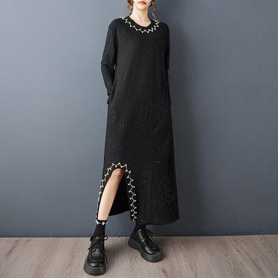 Vestido de malha preto tamanho plus manga comprida vintage novo para mulheres casual solto primavera outono inverno