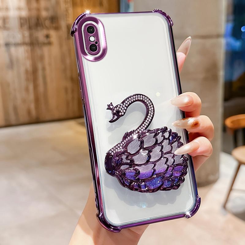 KEYSION Shockproof Plating Phone Case for iPhone XS Max Clear TPU Glitter Jewelled Swan Kickstand Back Cover for iPhone X XR