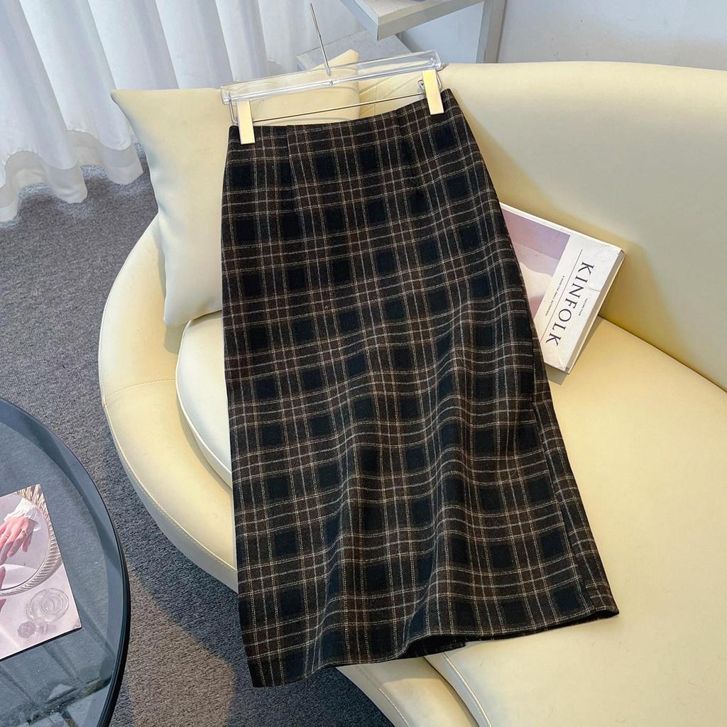 Women's Woolen Plaid High-Waisted A-Line Midi Skirt with Back Slit – 2025 Autumn/Winter Collection