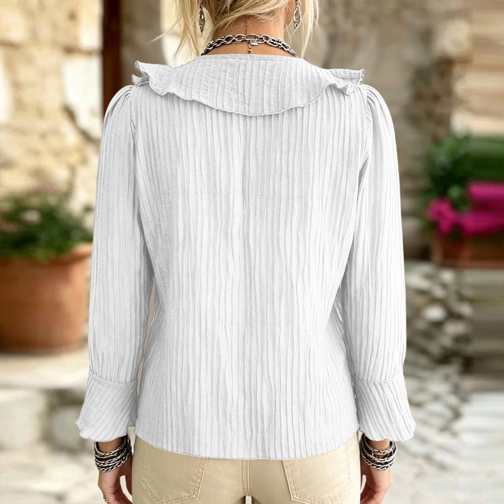 Women's Color V-Neck Ruffle Tie Long Sleeve Blouse Loose Fit Casual Top for Everyday Wear