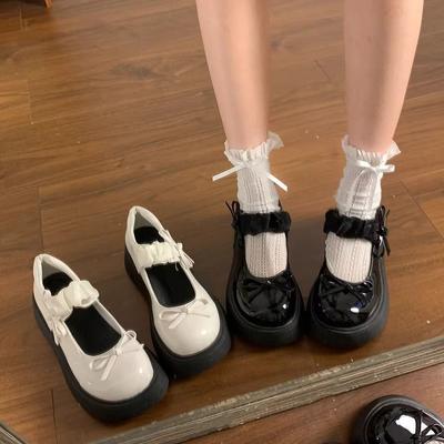 Fashion Casual Shallow Mouth College Style Bow Small Leather Shoes Women's Spring and Summer New Thick-soled Mary Jane Shoes Women