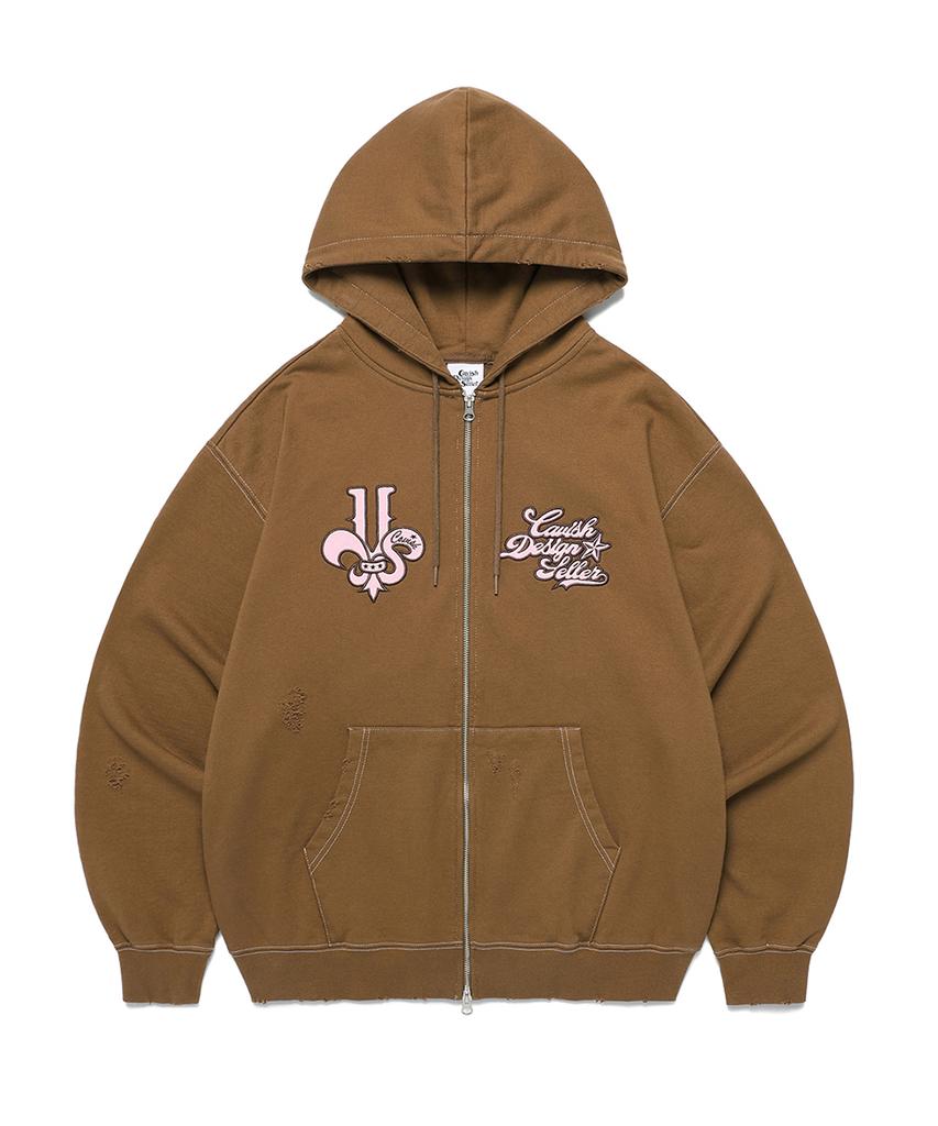 Cavish Damaged Applique Zip Up Hoodie Brown(Cv2Efum481A)