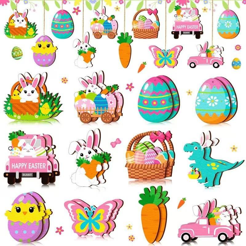 Easter Wooden Ornaments Fashion Happy Bunny Easter Eggs Dwarf Bunny Wooden Pendant