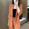 Women Suit Coat Lapel 3/4 Sleeve Double Breasted Suit Jacket Solid Color Loose Fit Flap Pockets Business Outwear